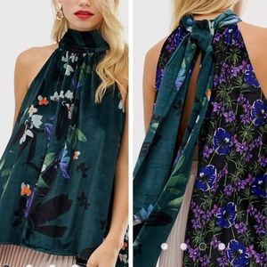 French Connection Velvet Floral Print Open Back Halter Top